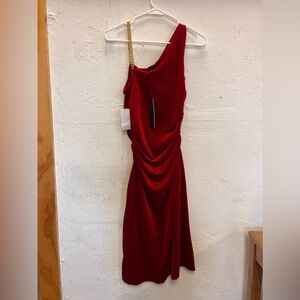 Halston Velvet Asymmetric Dress with gold shoulder strap
